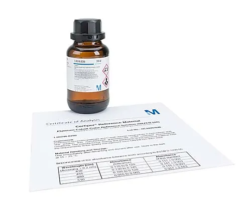 61-0286-42　Platinum Cobalt色彩参考解决方案 (HAZEN 500) DIN EN ISO 7887与ASTMD1209相容Pt 500 mg/L Certipur (R) 100246 250mL　1.00246.0250
