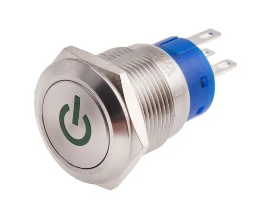 63-4660-84　RS PRO单杆双抛 (SPDT) 锁定绿色LED按钮开关，IP67, 19 (Dia。) mm,面板安装，电源　111-3903