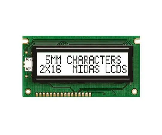 63-4687-48　MidasMC21605A6W-FPTLW-V2A字母数字LCD显示屏白色，2行16个字符，半透明　MC21605A6W-FPTLW-V2