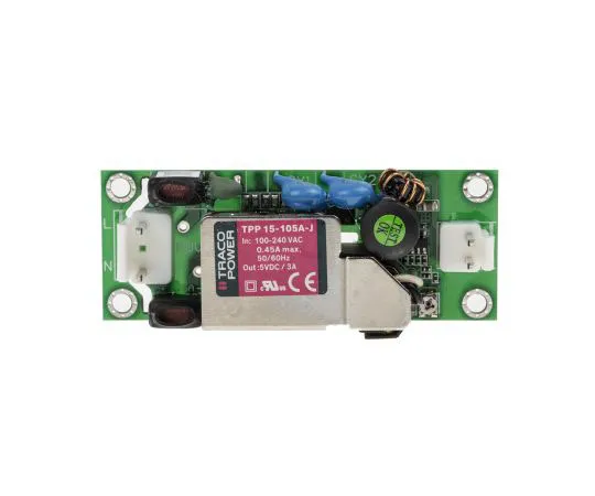63-7380-46　TRACOPOWER15W1输出嵌入式开关模式电源SMPS,3A,5V直流医疗认证开架　TPP 15-105A-J