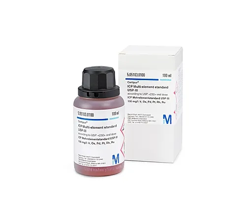 61-0324-23　［已停用］ICP多元素标准溶液USP-IIIUSP   > 232<   口服剂量100 mg/L:Ir, Os, Pd, Pt, Rh, Ru Certipur (R) 505103 100mL　5.05103.0100