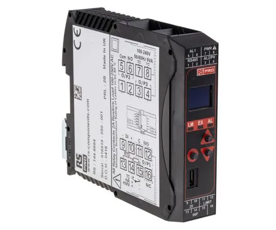 63-7374-34　RS PRO DIN导轨PID温度控制器，22.5 x 110mm 3输入，2输出切换继电器，继电器，100→240 V　144-8684