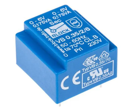 63-7484-34　6V交流2孔PCB变压器输出，0.35VA　VB 0.35/2/6