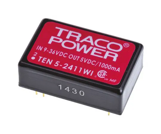63-7620-69　TRACCOPOWER 10 5WI 6W隔离DC-DC转换器通过孔，电压在9→36 V直流，电压在5V直流　TEN 5-2411WI