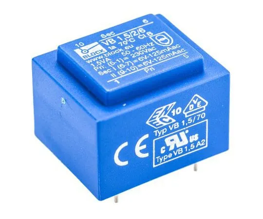 63-7500-70　6V交流2孔PCB变压器输出，1.5VA　VB 1.5/2/6
