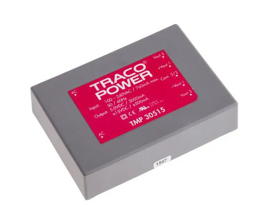 63-7654-69　TRACOPOWER 30W三输出嵌入式开关模式电源SMPS,3A, 500 mA,5/±15V直流封装　TMP 30515